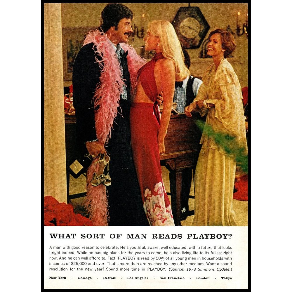 1975 What Sort of Man Reads Playboy Vintage Print Ad Sexy Blonde Red Dress Photo